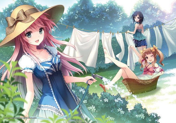 Anime picture 1200x845 with original an2a long hair looking at viewer short hair open mouth blue eyes black hair red eyes brown hair purple eyes multiple girls pink hair one eye closed wink girl dress plant (plants) hat 3 girls