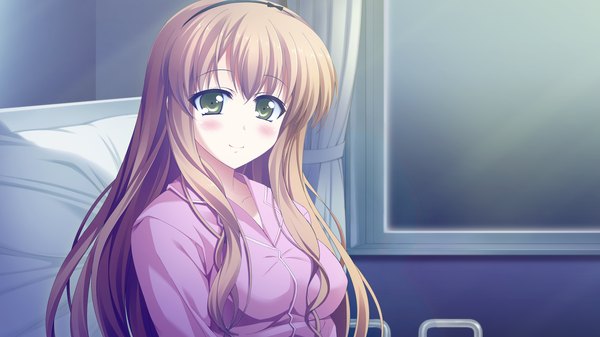 Anime picture 2560x1440 with atled everlasting song long hair blush highres brown hair wide image green eyes game cg girl hairband pajamas