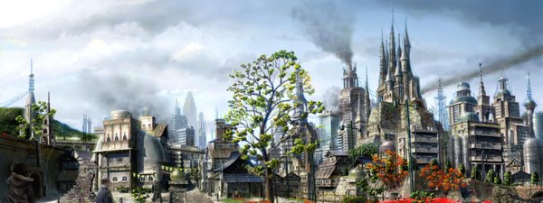 Anime picture 3200x1200 with miyahara shuta highres wide image city smoke cityscape panorama plant (plants) tree (trees) building (buildings)