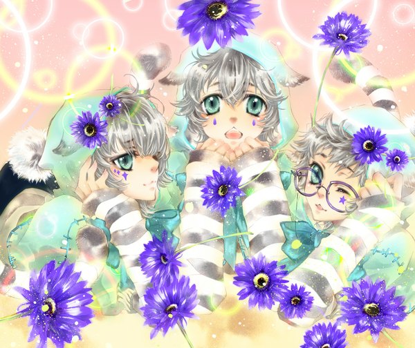 Anime picture 1172x985 with original hina short hair open mouth green eyes animal ears silver hair one eye closed wink cat ears tattoo face :3 face paint boy flower (flowers) glasses hoodie