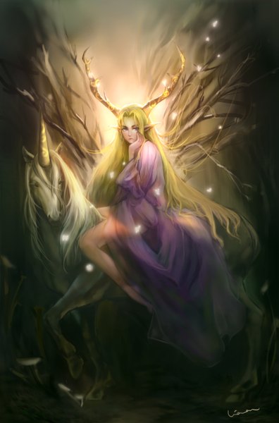 Anime picture 1836x2777 with original caviar xu (pixiv) single long hair tall image highres blonde hair sitting purple eyes horn (horns) pointy ears elf girl plant (plants) animal tree (trees) unicorn