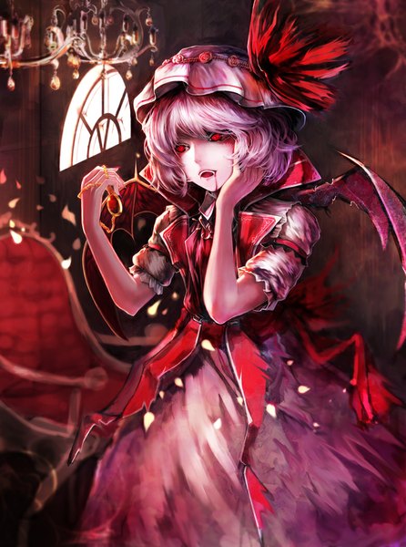 Anime picture 780x1050 with touhou remilia scarlet jname single tall image short hair open mouth red eyes purple hair vampire girl dress petals wings blood jewelry bonnet