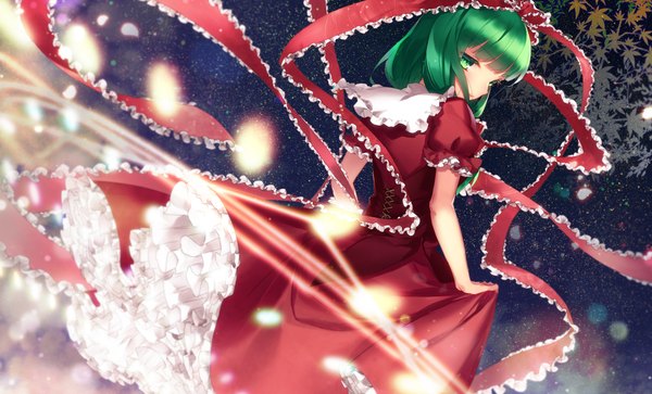 Anime picture 1980x1200 with touhou kagiyama hina shiyun single long hair highres wide image standing green eyes looking back green hair from behind back magic girl dress ribbon (ribbons) leaf (leaves) star (stars) red dress