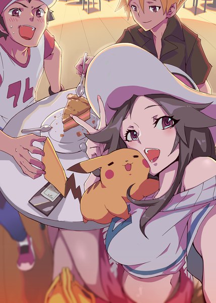 Anime picture 800x1120 with pokemon nintendo pikachu red (pokemon) green (pokemon) blue (pokemon) ohland long hair tall image looking at viewer blush short hair open mouth black hair blonde hair smile sitting bare shoulders brown eyes multiple boys