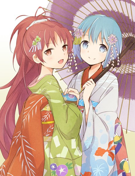 Anime picture 770x1000 with mahou shoujo madoka magica shaft (studio) sakura kyouko miki sayaka atea long hair tall image looking at viewer short hair open mouth blue eyes simple background smile red eyes white background multiple girls blue hair ponytail red hair traditional clothes