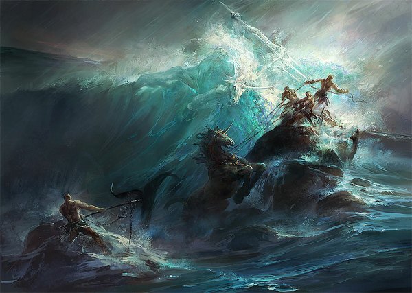 Anime picture 1024x730 with dehong he magic rain rock god storm animal water sea splashes people wave (waves) horse