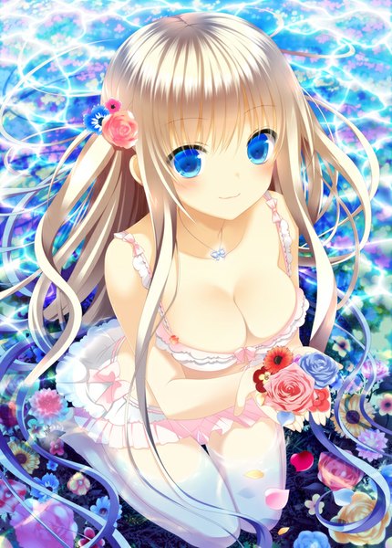 Anime picture 600x837 with original makita maki single long hair tall image blush breasts blue eyes light erotic blonde hair smile bare shoulders multicolored hair hair flower from above gradient hair girl dress hair ornament flower (flowers)