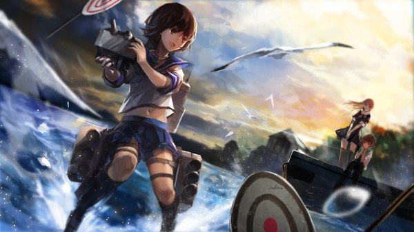 Anime picture 1889x1062 with kantai collection yuudachi destroyer fubuki destroyer mutsuki destroyer swd3e2 long hair highres short hair open mouth black hair blonde hair wide image sitting multiple girls brown eyes signed sky wind girl thighhighs