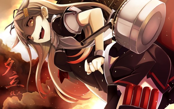 Anime picture 1920x1200 with kantai collection yuudachi destroyer ogami kazuki single long hair looking at viewer highres open mouth blonde hair yellow eyes wallpaper character names remodel (kantai collection) girl skirt hair ornament ribbon (ribbons) weapon hair ribbon miniskirt