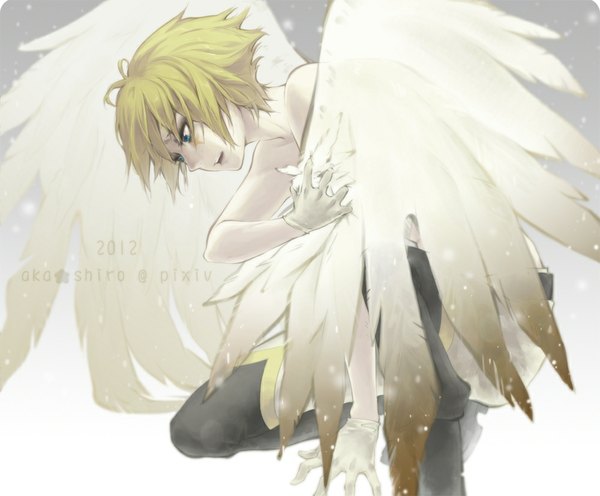 Anime picture 1000x828 with original aka-shiro single fringe short hair open mouth blue eyes blonde hair sitting kneeling facial mark looking down white wings shirtless boy gloves wings white gloves feather (feathers)