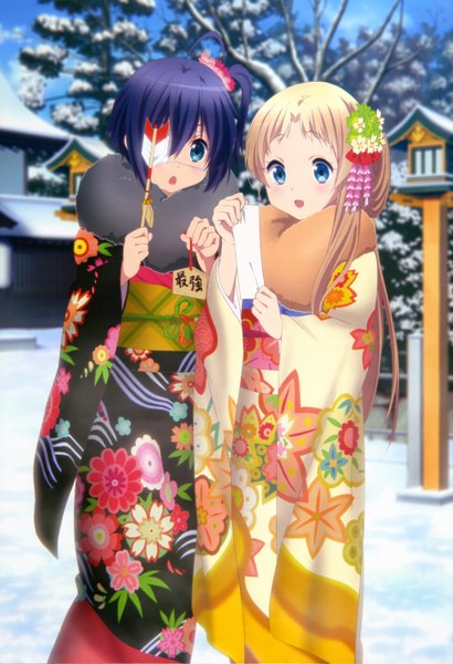 Anime picture 4079x5971 with chuunibyou demo koi ga shitai! kyoto animation nyantype takanashi rikka dekomori sanae long hair tall image highres short hair open mouth blue eyes blonde hair multiple girls blue hair absurdres traditional clothes japanese clothes official art alternate hairstyle new year
