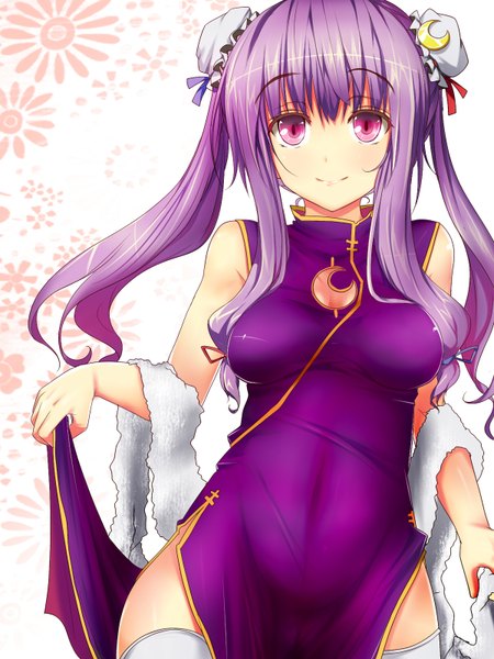 Anime picture 1200x1600 with touhou patchouli knowledge fukunaga kazuhiro single long hair tall image looking at viewer smile red eyes twintails purple hair chinese clothes crescent girl thighhighs white thighhighs chinese dress