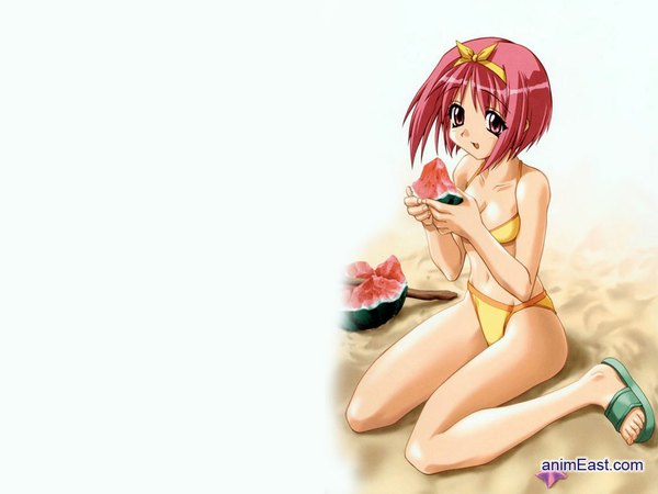Anime picture 1024x768 with to heart kamigishi akari swimsuit bikini food berry (berries) watermelon