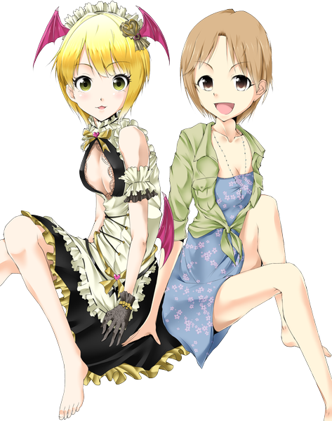 Anime picture 1527x1937 with solru (tyappygain) tall image looking at viewer short hair open mouth blonde hair brown hair multiple girls brown eyes green eyes barefoot legs transparent background head wings girl dress 2 girls frills headdress