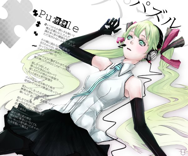 Anime picture 1200x995 with vocaloid hatsune miku mille (dieci) single long hair twintails green eyes lying green hair girl skirt gloves miniskirt elbow gloves headphones wire (wires) puzzle