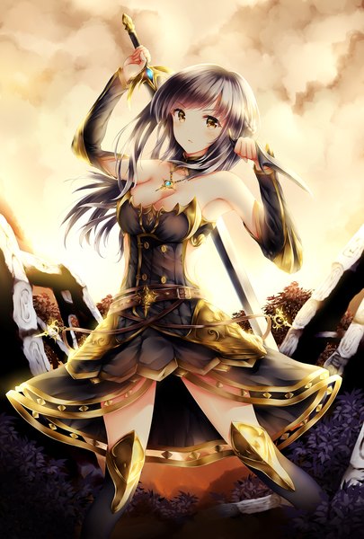 Anime picture 1216x1800 with original wsman single long hair tall image looking at viewer breasts open mouth black hair standing bare shoulders holding yellow eyes cleavage cloud (clouds) long sleeves girl dress weapon detached sleeves