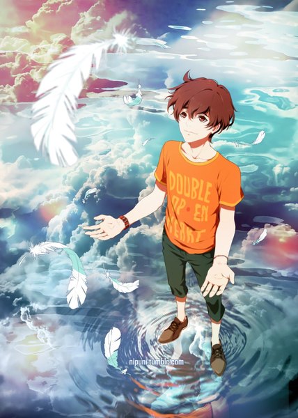 Anime picture 1280x1792 with zankyou no terror mappa twelve nipuni single tall image short hair brown hair brown eyes sky light smile from above reflection looking up clothes writing boy water feather (feathers) t-shirt clock