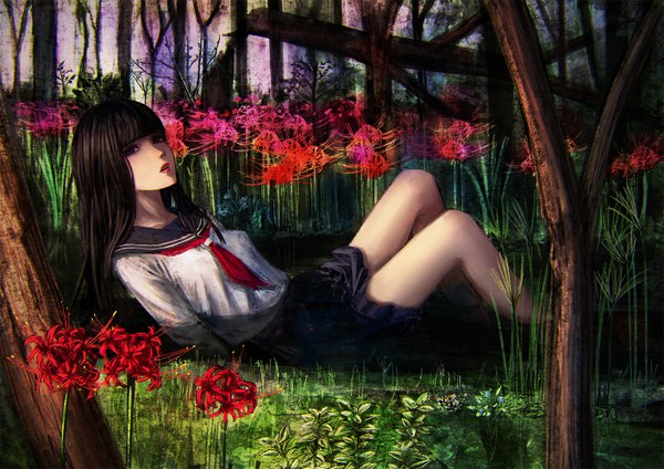 Anime picture 1412x1000 with original menka single long hair looking at viewer blush fringe black hair brown eyes bent knee (knees) parted lips pleated skirt lips bare legs lipstick reclining underwater red lipstick bare tree girl
