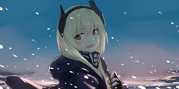 Anime picture 1800x901 with girls frontline m4 sopmod ii (girls frontline) echj single long hair looking at viewer blush fringe highres open mouth blonde hair hair between eyes red eyes wide image sky upper body turning head snowing winter girl