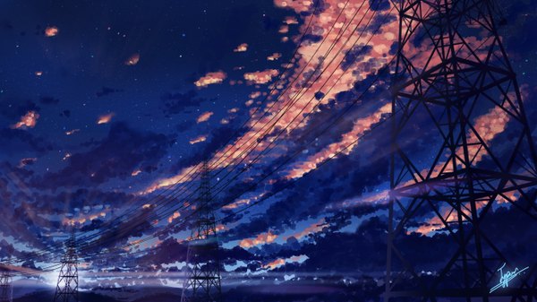 Anime picture 5334x3000 with original niko p highres wide image signed absurdres sky cloud (clouds) evening no people landscape scenic star (stars) power lines
