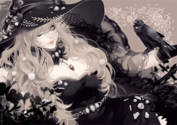 Anime picture 1000x707 with original leirix single long hair looking at viewer fringe blonde hair smile one eye closed grey hair wink grey eyes wavy hair glow girl dress flower (flowers) hat animal choker