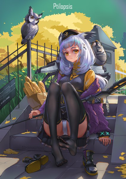 Anime picture 1400x1980 with arknights ptilopsis (arknights) ptilopsis (serenity) (arknights) sima naoteng single long hair tall image looking at viewer fringe breasts light erotic sitting holding signed animal ears yellow eyes silver hair full body bent knee (knees) outdoors