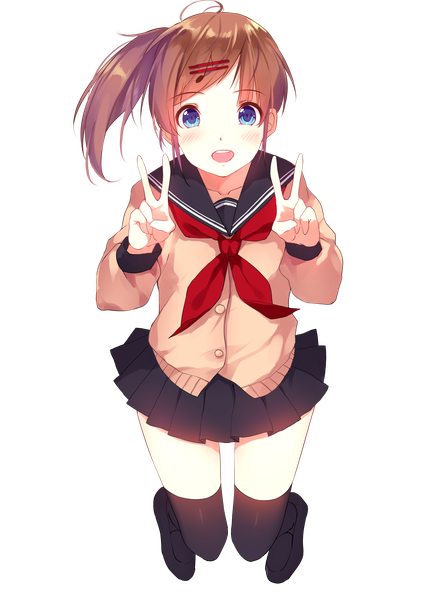 Anime picture 3507x4960 with diversity promotions yuzuru (diversity) caidychen single long hair tall image looking at viewer blush highres open mouth blue eyes smile brown hair absurdres full body ahoge ponytail :d pleated skirt zettai ryouiki