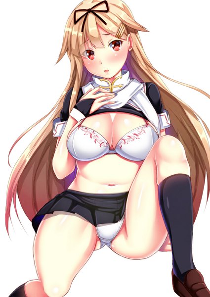 Anime picture 709x1000 with kantai collection yuudachi destroyer ebi 193 single long hair tall image looking at viewer blush fringe breasts light erotic blonde hair simple background red eyes large breasts white background remodel (kantai collection) girl skirt navel