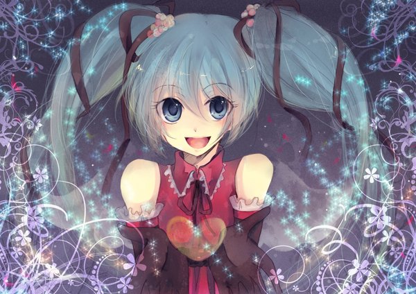 Anime picture 1754x1240 with vocaloid hatsune miku single highres open mouth smile twintails bare shoulders aqua eyes aqua hair girl flower (flowers) ribbon (ribbons) plant (plants) detached sleeves heart star (stars) hands fireflies