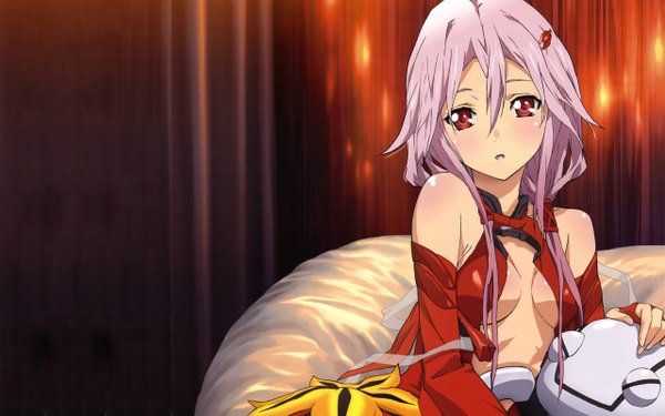 Anime picture 2560x1600 with guilty crown production i.g yuzuriha inori fyu-neru single long hair looking at viewer blush highres breasts light erotic red eyes wide image bare shoulders pink hair center opening girl hair ornament detached sleeves hairclip