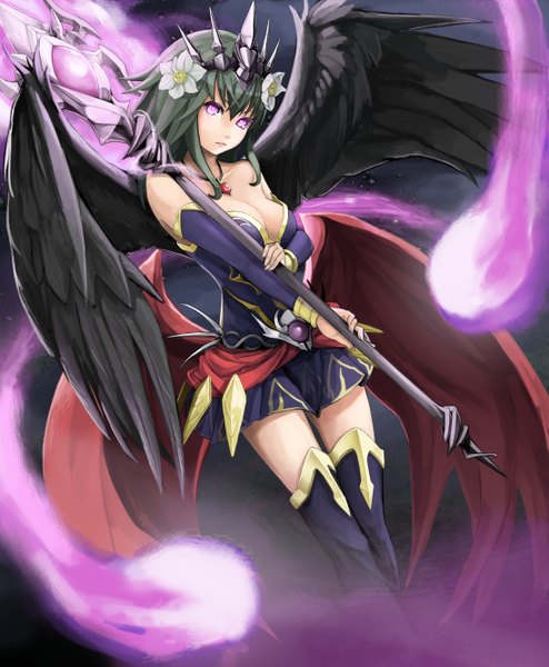 Anime picture 2193x2662 with puzzle & dragons persephone (p&d) akira0171 single tall image looking at viewer fringe highres short hair breasts blue eyes black hair large breasts standing purple eyes bare shoulders holding cleavage parted lips head tilt