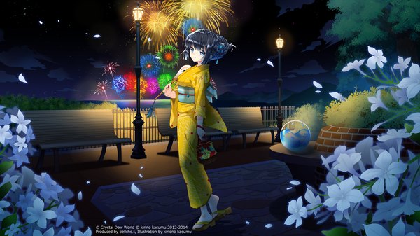 Anime picture 7680x4320 with original kirino kasumu single looking at viewer highres blue eyes black hair wide image absurdres traditional clothes japanese clothes night fireworks girl flower (flowers) petals kimono obi bench