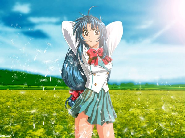 Anime picture 1600x1200 with full metal panic! gonzo chidori kaname single long hair blush fringe smile brown eyes blue hair sky cloud (clouds) ahoge outdoors pleated skirt lips sunlight low ponytail hands behind back horizon