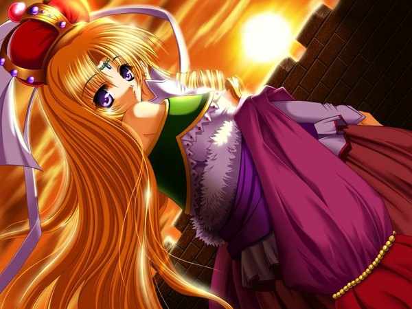 Anime picture 1024x768 with kegaretaeiyu (game) long hair blonde hair purple eyes game cg girl crown sun
