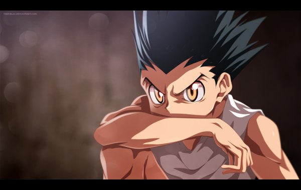 Anime picture 1280x810 with hunter x hunter gon freaks tremblax single short hair black hair yellow eyes coloring light letterboxed muscle angry boy t-shirt