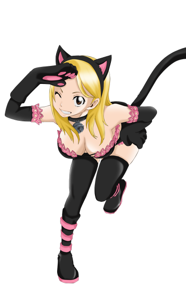 Anime picture 1200x1874 with fairy tail lucy heartfilia single long hair tall image breasts light erotic blonde hair smile brown eyes animal ears one eye closed wink cat ears cat tail coloring transparent background girl thighhighs black thighhighs