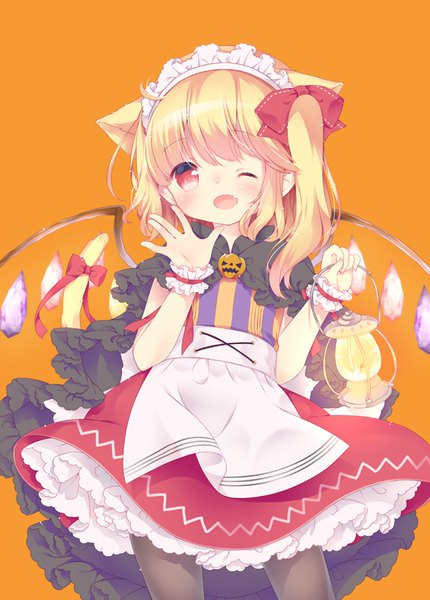 Anime picture 600x837 with touhou flandre scarlet aogiri sei single tall image blush short hair open mouth simple background blonde hair red eyes animal ears ahoge tail animal tail one eye closed cat ears cat girl cat tail one side up