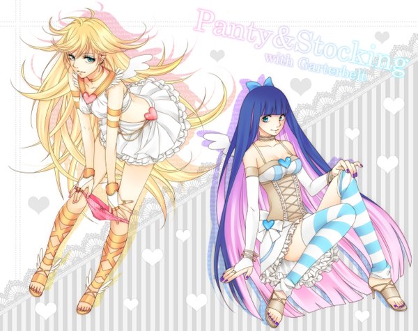 Anime picture 1305x1035 with panty & stocking with garterbelt anarchy stocking anarchy panty long hair light erotic blonde hair multiple girls green eyes purple hair multicolored hair undressing colored inner hair girl thighhighs underwear panties 2 girls wings striped thighhighs