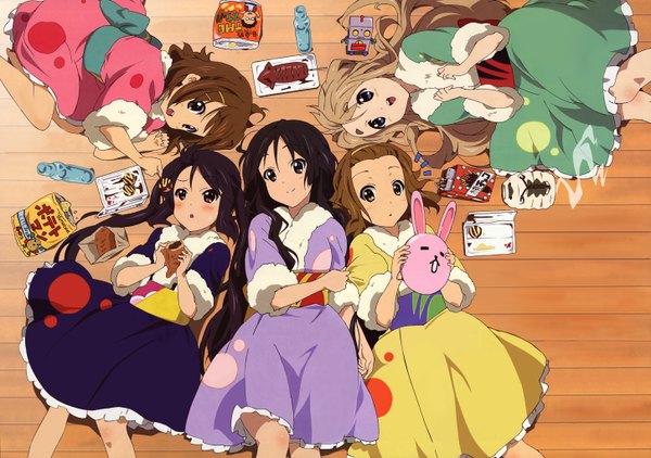 Anime picture 5806x4088 with k-on! kyoto animation akiyama mio hirasawa yui nakano azusa kotobuki tsumugi tainaka ritsu sakamoto kazuya long hair highres short hair black hair blonde hair smile brown hair multiple girls lying traditional clothes japanese clothes scan