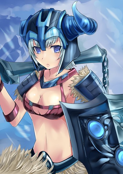 Anime picture 2952x4169 with league of legends sejuani (league of legends) otaku (pixiv id4162402) single tall image blush highres short hair breasts light erotic purple eyes blue hair girl weapon armor helmet shield