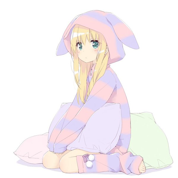 Anime picture 960x960 with original shimotsuki potofu kani biimu single long hair blush fringe simple background blonde hair hair between eyes white background sitting looking away full body bent knee (knees) aqua eyes wariza sleeves past wrists striped cute