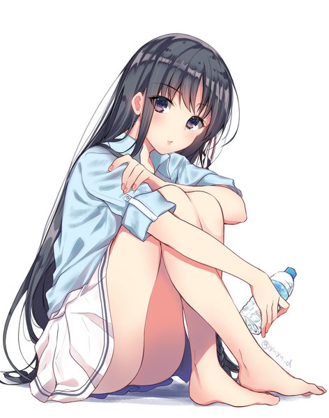 Anime picture 1414x1796 with youkoso jitsuryoku shijou shugi no kyoushitsu e horikita suzune yu yu single long hair tall image looking at viewer blush fringe light erotic black hair simple background white background sitting holding full body nail polish pleated skirt barefoot black eyes