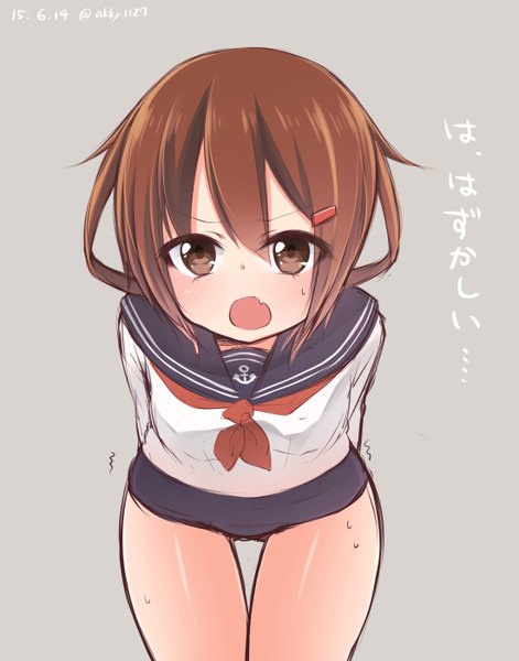 Anime picture 1100x1400 with kantai collection ikazuchi destroyer akky (akimi1127) single tall image looking at viewer blush fringe short hair open mouth light erotic simple background brown hair standing brown eyes grey background bare legs fang (fangs) sweat leaning