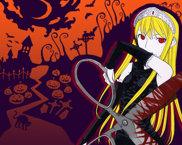 Anime picture 1280x1024 with kaibutsu oujo madhouse lillianne von phoenix long hair blonde hair red eyes girl detached sleeves blood cat cross tiara vegetables castle pumpkin road scissors