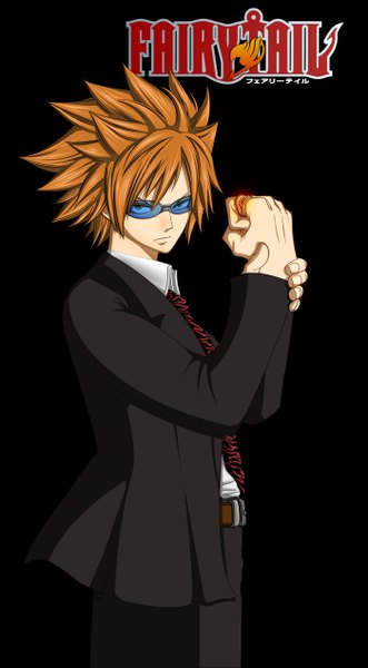 Anime picture 700x1266 with fairy tail loke natilokijung single tall image short hair simple background brown hair green eyes inscription coloring black background boy glasses necktie ring suit fist