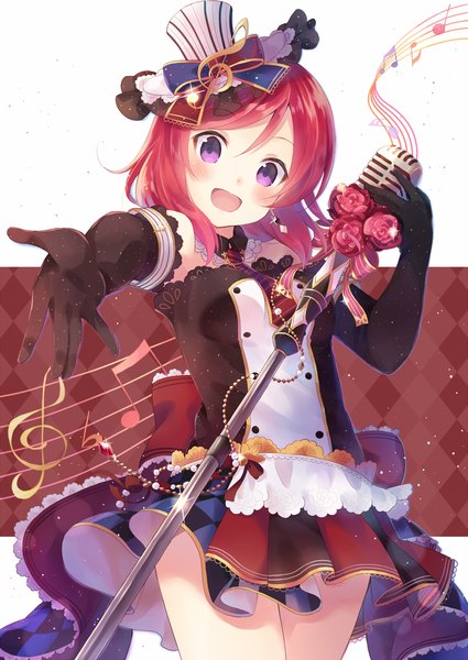 Anime picture 1024x1446 with love live! school idol project sunrise (studio) love live! nishikino maki nonono (nononotea) single tall image looking at viewer blush short hair open mouth standing purple eyes pink hair sleeveless outstretched arm happy girl gloves flower (flowers)
