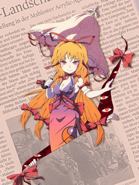 Anime picture 1200x1600 with touhou yakumo yukari tall image blush blonde hair smile red eyes girl bow ribbon (ribbons) umbrella