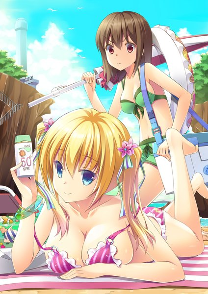 Anime picture 1000x1414 with original onaka sukisuki long hair tall image looking at viewer short hair breasts blue eyes light erotic blonde hair smile red eyes brown hair twintails multiple girls sky girl 2 girls swimsuit bikini