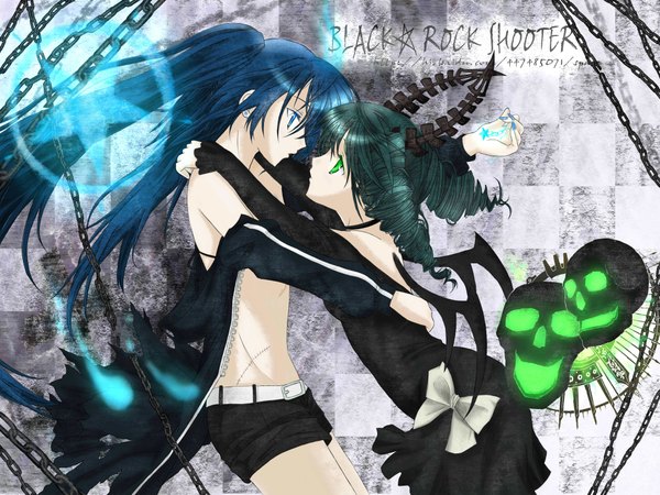 Anime picture 4000x3000 with black rock shooter black rock shooter (character) dead master waga fu ze mame ko long hair highres blue eyes twintails multiple girls green eyes blue hair absurdres horn (horns) green hair torn clothes glowing drill hair scar glowing eye (eyes) black wings