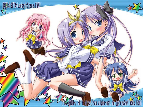 Anime picture 1024x768 with lucky star kyoto animation izumi konata hiiragi kagami hiiragi tsukasa takara miyuki chibi twins girl glasses serafuku